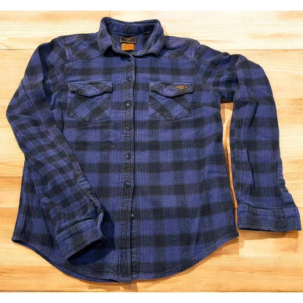 Vintage SuperDry Long Sleeve Flannel Shirt Women's 6 Blue Black Plaid Button-Up